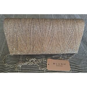 Blush Evening clutch- gold w/ chain strap- 8"w x 4"h x 21" drop- new with tag